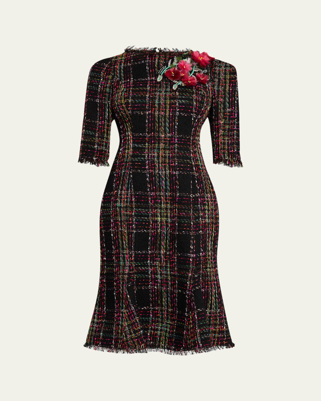 Beaded Floral Applique Tweed Dress